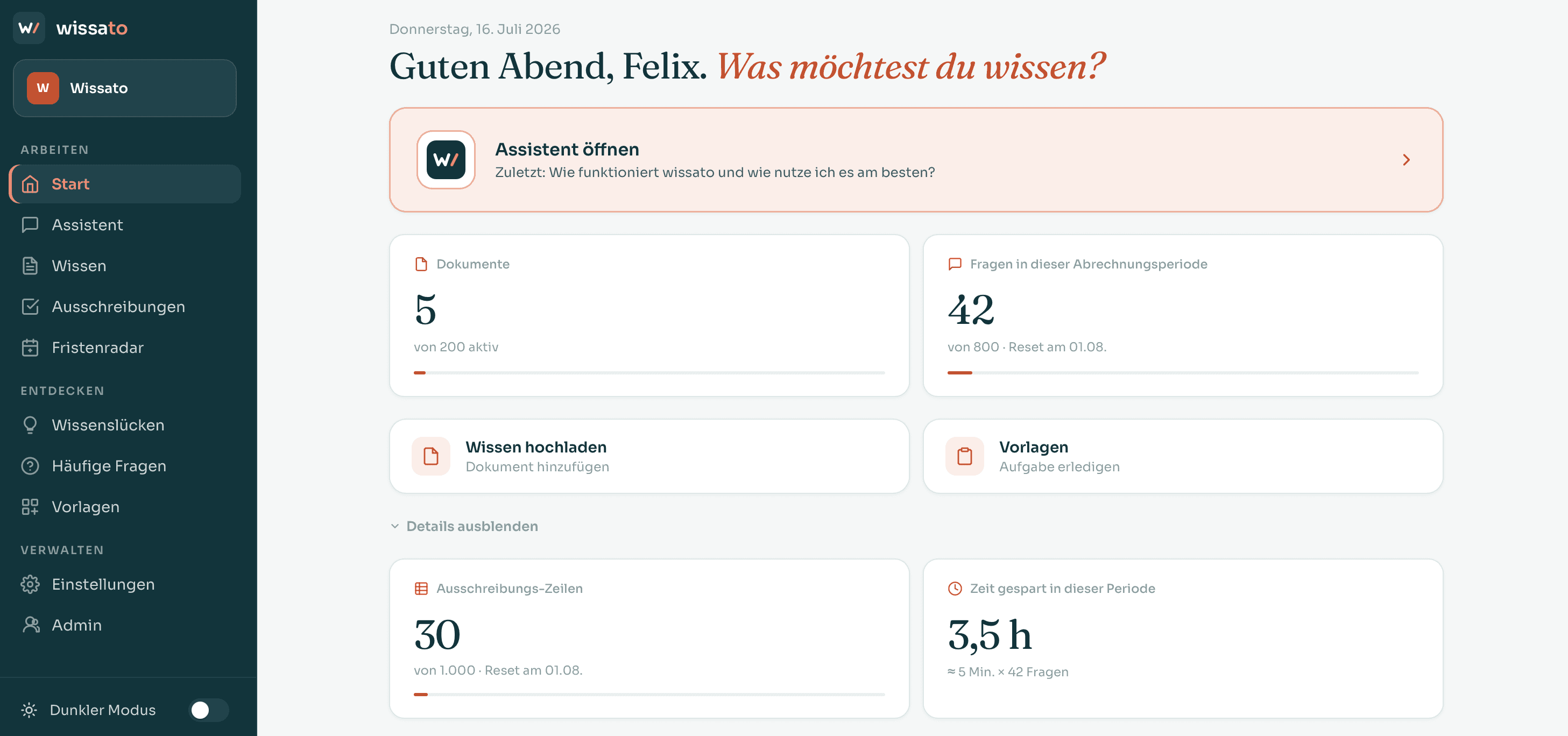 wissato-Dashboard: Dokumente, Fragen und die zuletzt beantwortete Frage im Überblick
